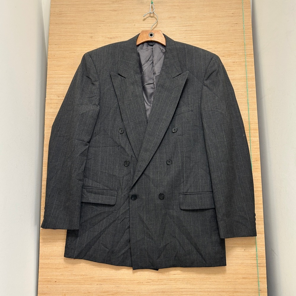 Oleg Cassini Couture Mens Gray Pinstripe Wool Double Breasted Blazer Jacket 44R